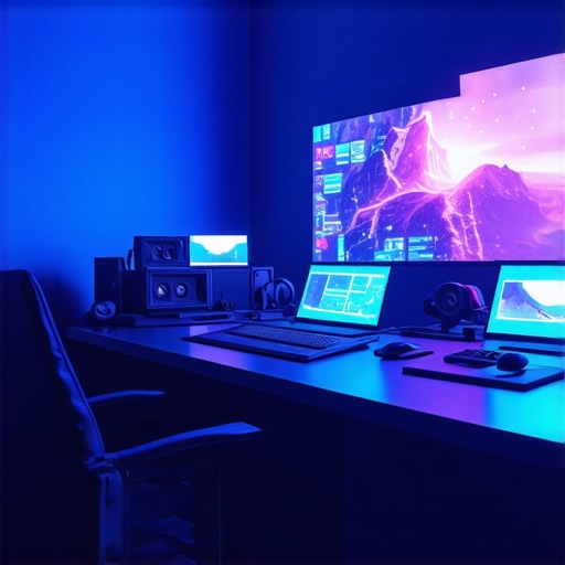 Next-Gen Editing Environment A modern editing workspace showcasing holographic screens and high-tech equipment