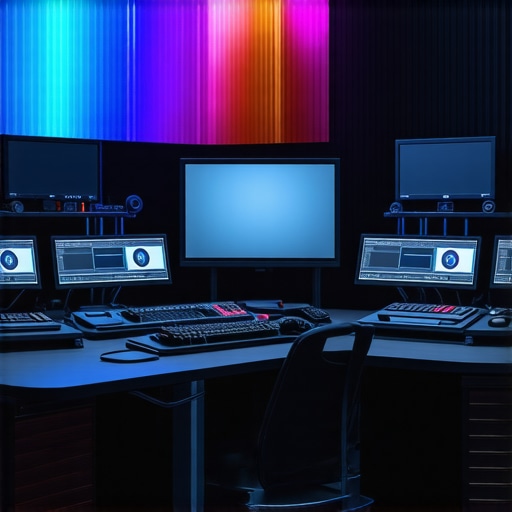A modern content creation workspace featuring high-tech editing hardware, AI interfaces, and immersive controls.