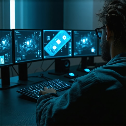 Next-Generation Editing Equipment High-tech editing setup featuring holographic displays and AI-integrated hardware tools