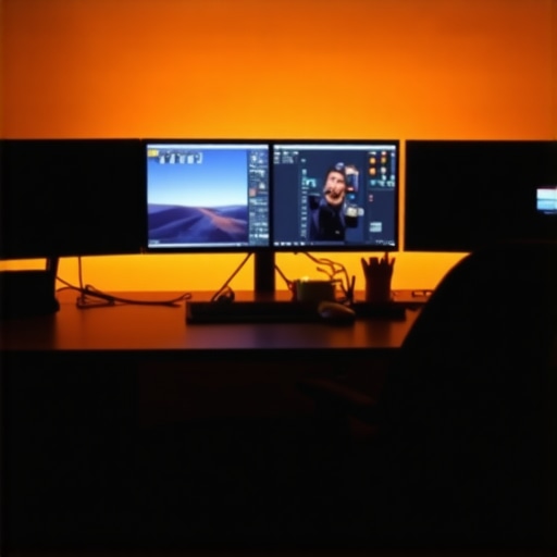 Optimized Creative Workspace for Post-Production A professional editing studio with ergonomic furniture and multiple screens for seamless workflow