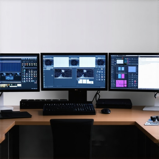 A professional editing workstation with multiple screens, fast storage drives, and ergonomic setup.
