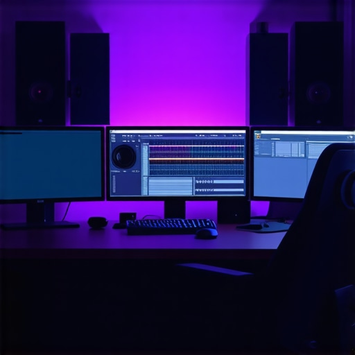 Optimized Editing Studio with Precision Accessories A modern video editing workstation with ergonomic accessories, calibrated monitors, and soundproofing