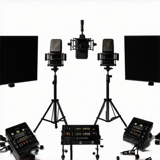 Optimized Microphone Placement in a Recording Studio A detailed view of microphone placement setup with measurement tools and acoustic panels in a recording studio.