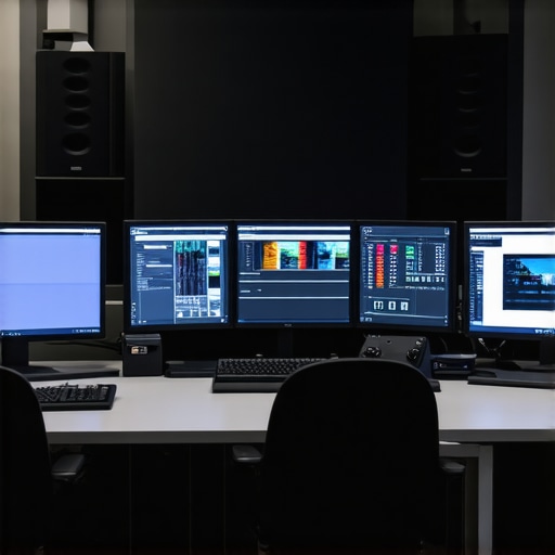 A modern, ergonomically designed editing studio with calibrated monitors, acoustic treatments, and ambient lighting.