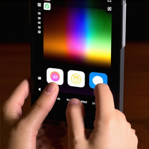 A technician calibrating a mobile device's display with specialized hardware tools in a controlled setting.
