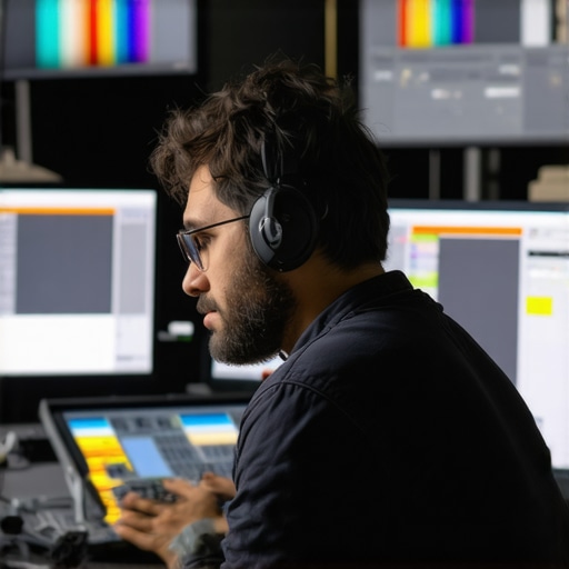 Media editor calibrating color and audio levels with specialized equipment in a modern studio.