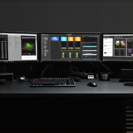 Premium Editing Workspace with Advanced Hardware A professional video editing station showcasing dual monitors, control panels, and high-performance hardware.