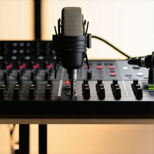 Studio microphone and hardware synthesizer in a sound engineering environment.