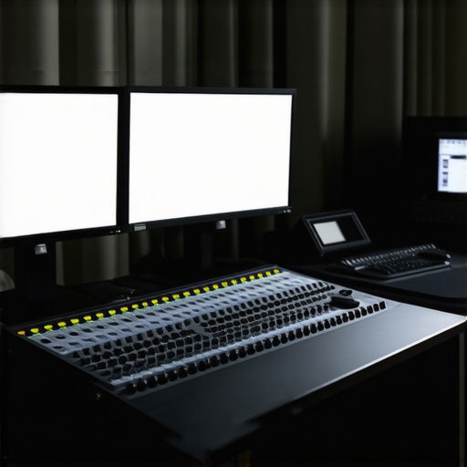 Color grading setup with monitors and editing control surface