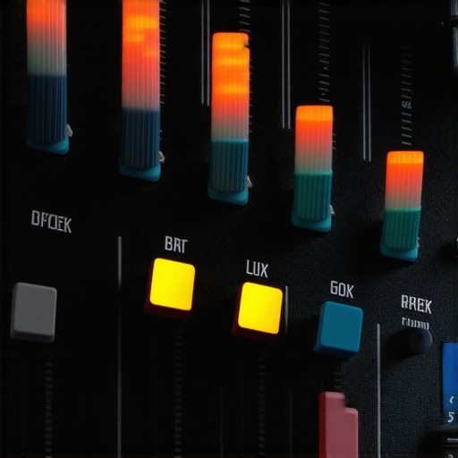Professional Control Surface for Advanced Editing Close-up of a professional control panel with adjustable knobs and sliders, used for multimedia editing.