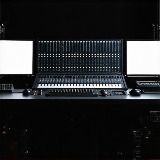 A modern professional editing studio with advanced hardware and dual monitors for digital content creation.