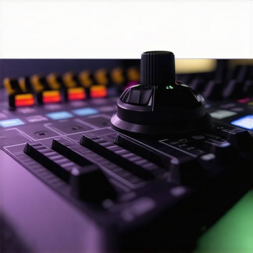 Close-up of mechanical sliders and shuttle dial on a professional editing desk.