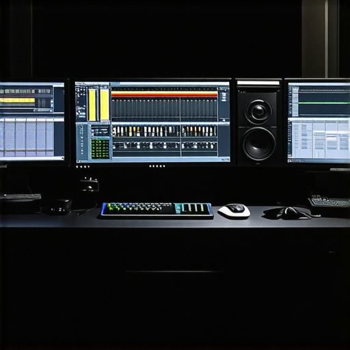 Professional Editing Setup A high-end video editing workstation with multiple monitors and professional accessories.