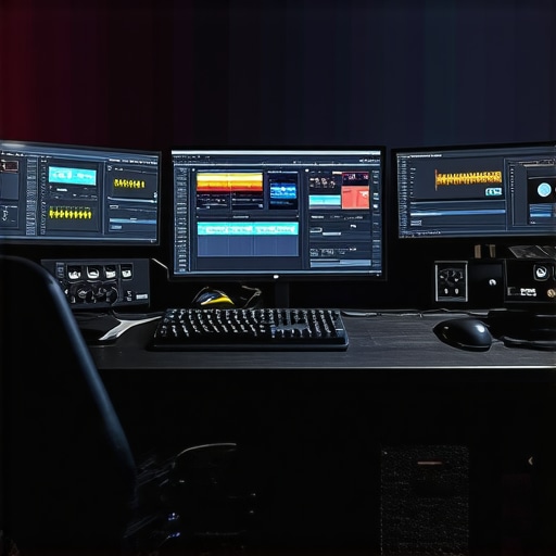 Professional Editing Setup High-end editing workstation with calibrated monitors and audio interfaces