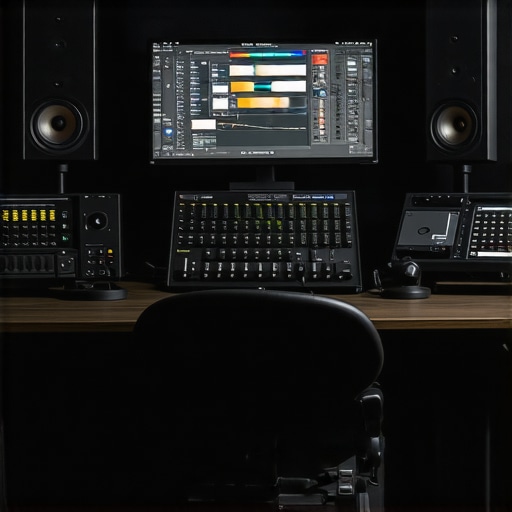 Professional Editing Workspace Setup A modern professional editing workspace with ergonomic furniture, multiple monitors, and editing accessories