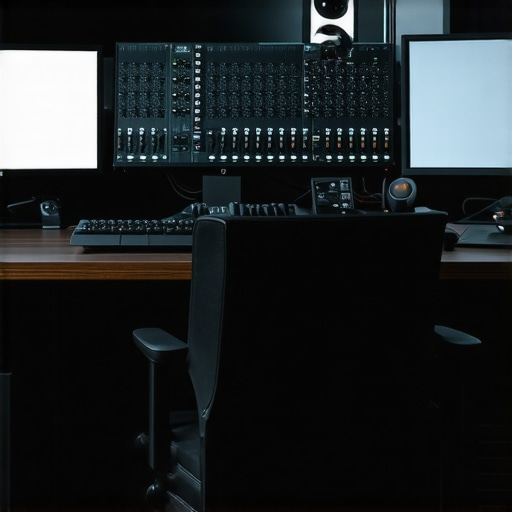 A sleek editing setup featuring monitors, control surfaces, and ergonomic tools for video and photo editing.