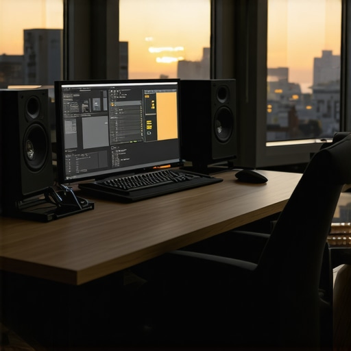 Modern professional photo and video editing setup with dual monitors and control surfaces