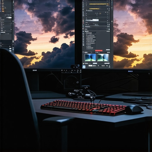Professional Sunset Cloud Restoration Setup A professional editing station with screens displaying sunset clouds and advanced color grading software.