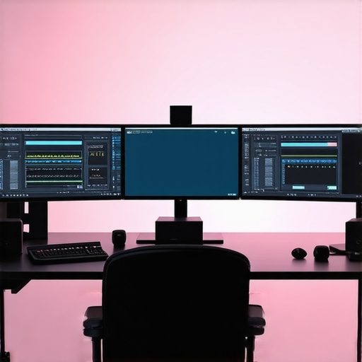 Professional Video Editing Hardware Setup A professional-grade video editing workstation with multiple calibrated screens, control surface, and high-performance GPU.