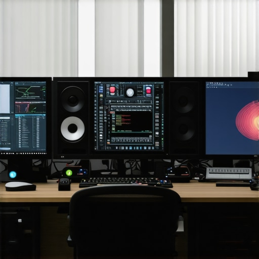Professional Video Editing Setup with High-Performance Hardware A professional video editing station featuring multiple monitors, high-speed SSDs, and a color-graded display for optimal workflow