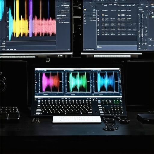 Professional Video Editing Workspace Studio with calibrated monitors, editing consoles, and color grading interface.