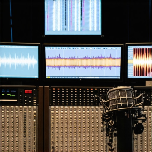 Professional audio synchronization setup Multiple microphones and digital waveform monitors in a recording studio demonstrating synchronized audio signals.