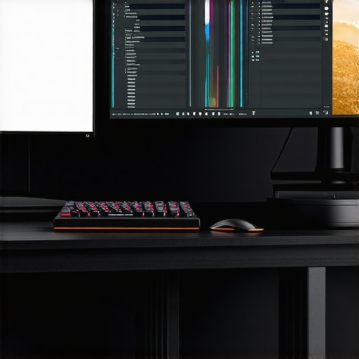 Professional multimedia editing workspace with optimized hardware. A modern multimedia editing workstation showcasing a calibrated monitor, control surface, and NVMe SSD for high-performance editing.