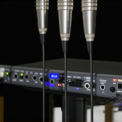 Signal Optimization Hardware in Voiceover Studio Professional audio interface connected to calibration microphones during a setup process