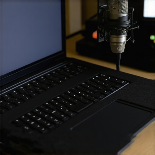 A professional voice actor's recording space featuring a quiet mechanical keyboard, soundproof foam, and optimized ergonomics.