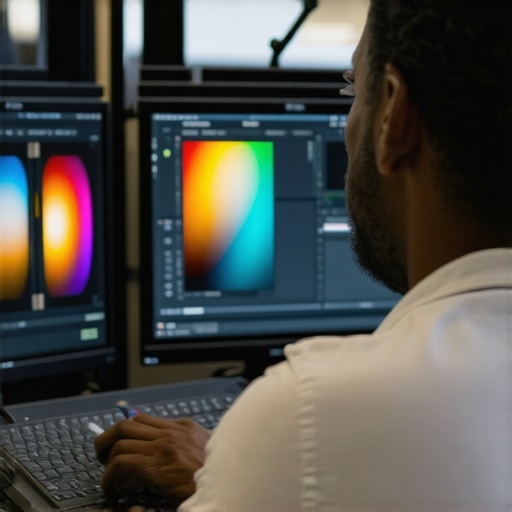A colorist manipulating spectral colors on a professional-grade monitor for advanced color grading.