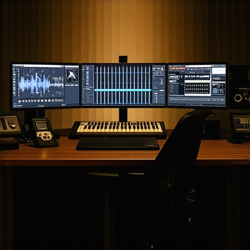 A professional editing workspace with ergonomic furniture, multiple monitors, and editing tools.