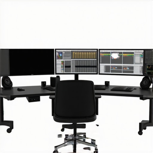 A professional editing workspace featuring multiple monitors, control panels, and ergonomic furniture.