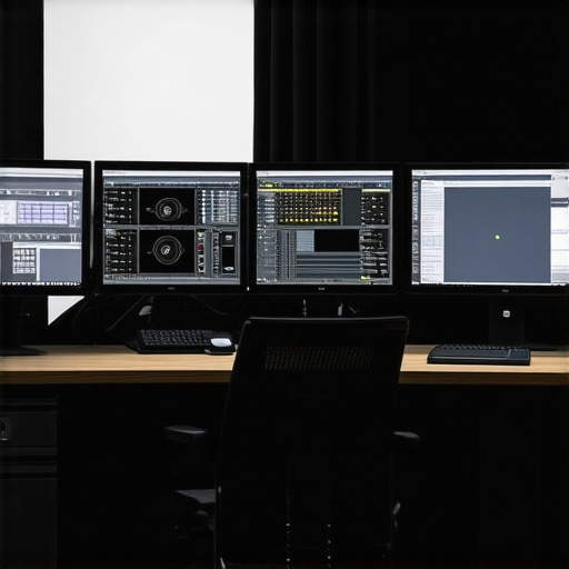 State-of-the-art Editing Studio Setup Modern video editing workspace featuring high-resolution monitors and professional peripherals