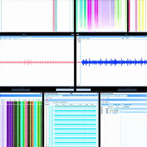 State-of-the-art editing suite with sync monitoring Modern editing workspace with advanced synchronization tools and monitors showing waveform data