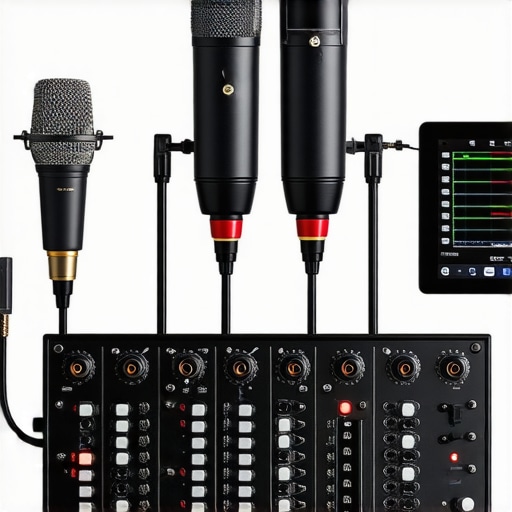 Studio Calibration Hardware Setup An advanced audio interface with calibration microphones and digital analyzers in a professional voiceover recording environment.