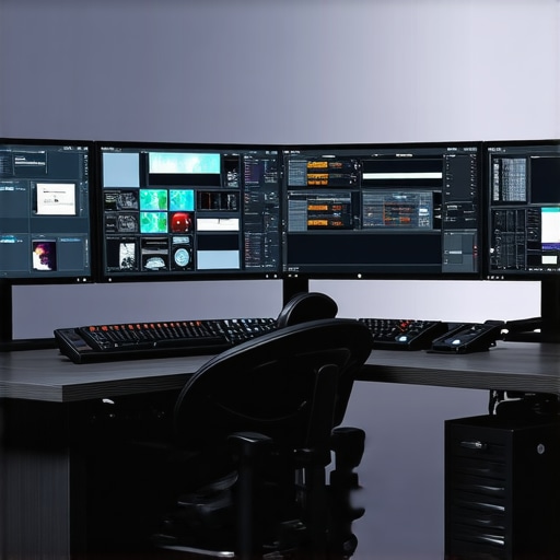 Ultimate Editing Workstation A professional editing station with multiple monitors, high-end GPUs, and storage devices for video editing.