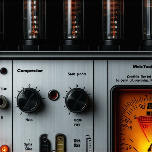 Detailed view of vintage tube compressor used in audio mastering, showing knobs and meters