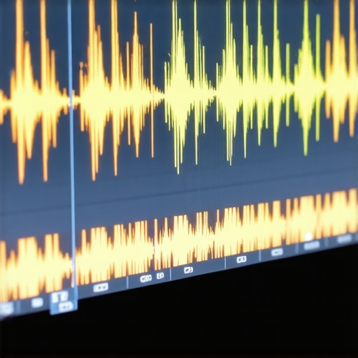 AI-driven audio waveform processing Computer screen showing an audio waveform being enhanced by deep learning software