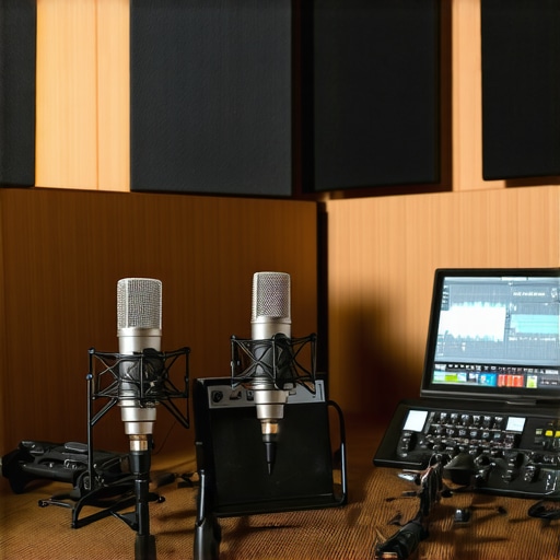 Advanced Acoustic Treatment in a Recording Studio Studio with acoustic panels, microphones, and sound measurement tools.