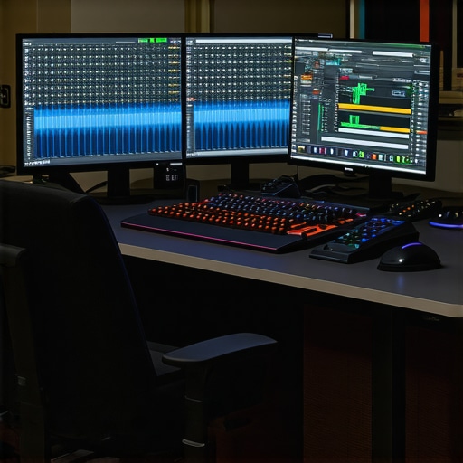 Professional editing workstation showing calibrated monitor and control surface.