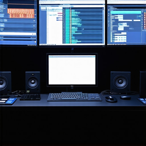Advanced Control Setup for Video Editing A modern editing station featuring scalable hardware controllers, multiple monitors, and dynamic visual workflows.