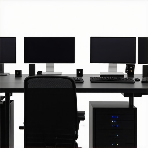 Advanced Creative Editing Environment Futuristic editing setup with AI-enabled control panels and high-resolution monitors.