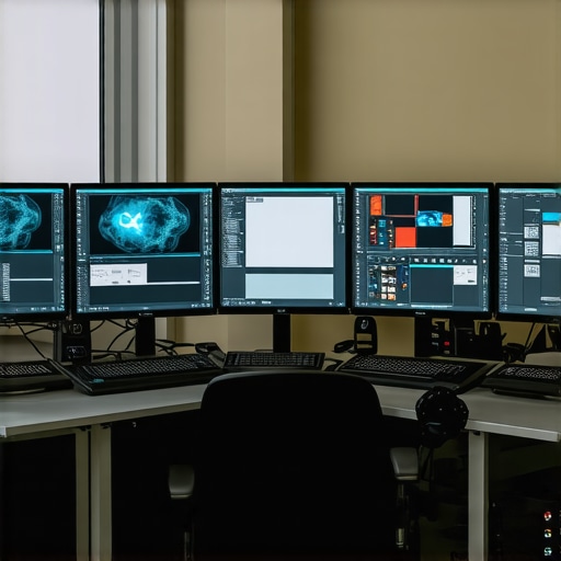 Advanced Drone Video Editing Workspace A modern editing workstation with screens showing drone footage and AI-based motion interpolation tools.