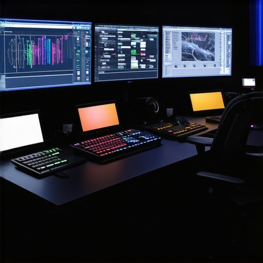 Advanced Editing Control Surface Setup A professional editing workspace featuring a customizable control surface and multiple monitors for precise editing.