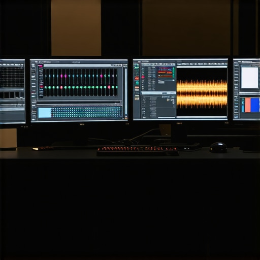 Professional video editing setup with color grading and visual effects software open on dual monitors.