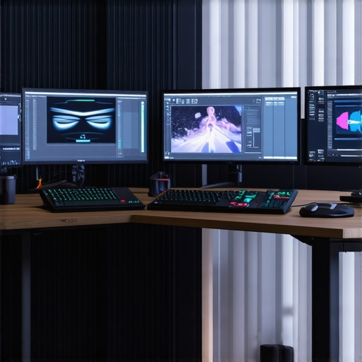 Advanced Editing Setup for Content Creators Professional editing workspace featuring multiple monitors and control devices
