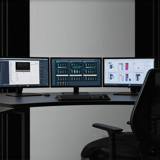 Advanced Editing Setup with Intelligent Hardware and Workflow Systems Modern professional editing workspace showing hardware monitors and media organization tools