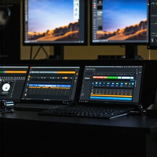 A professional video editor's workspace with two monitors, color grading interface, and editing timeline.