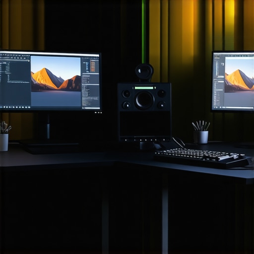 Advanced Editing Workspace Setup Modern professional editing workspace with dual monitors and gear