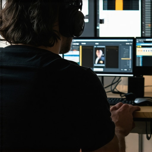 Advanced Editing Workspace with AI Tools A modern editing setup featuring a large monitor, AI software interface, and adaptive lighting system for optimal workflow